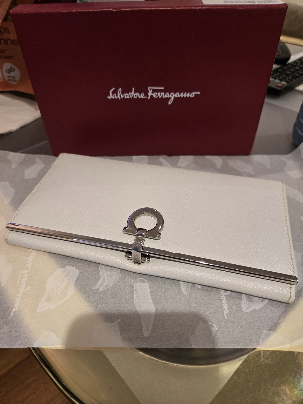 Salvatore Ferragamo White Leather Orchidea Wallet + Lanyard